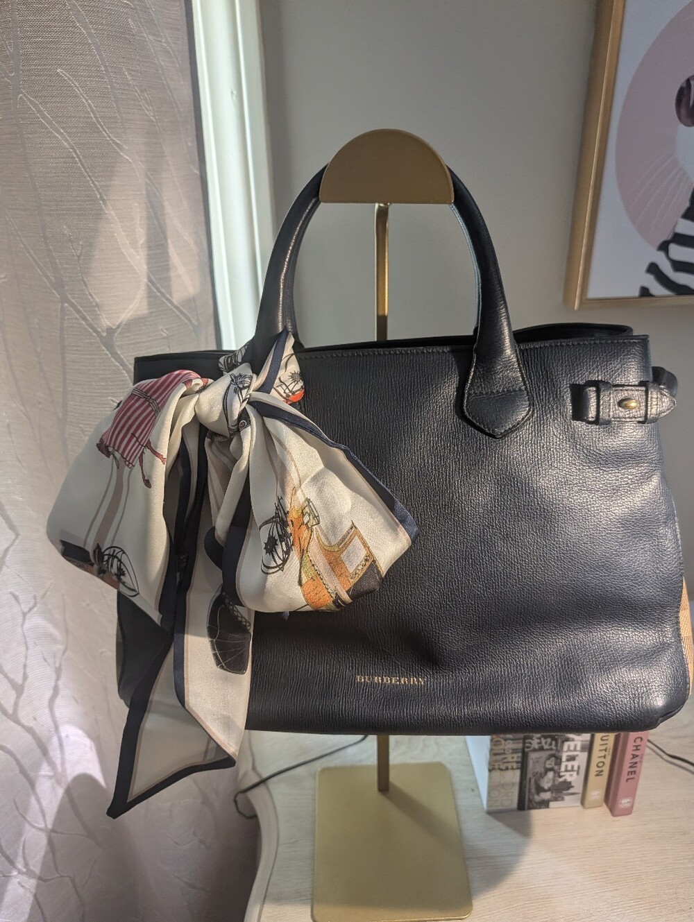 Burberry Banner Derby (Navy) Leather Satchel With COA And Purse Scarf